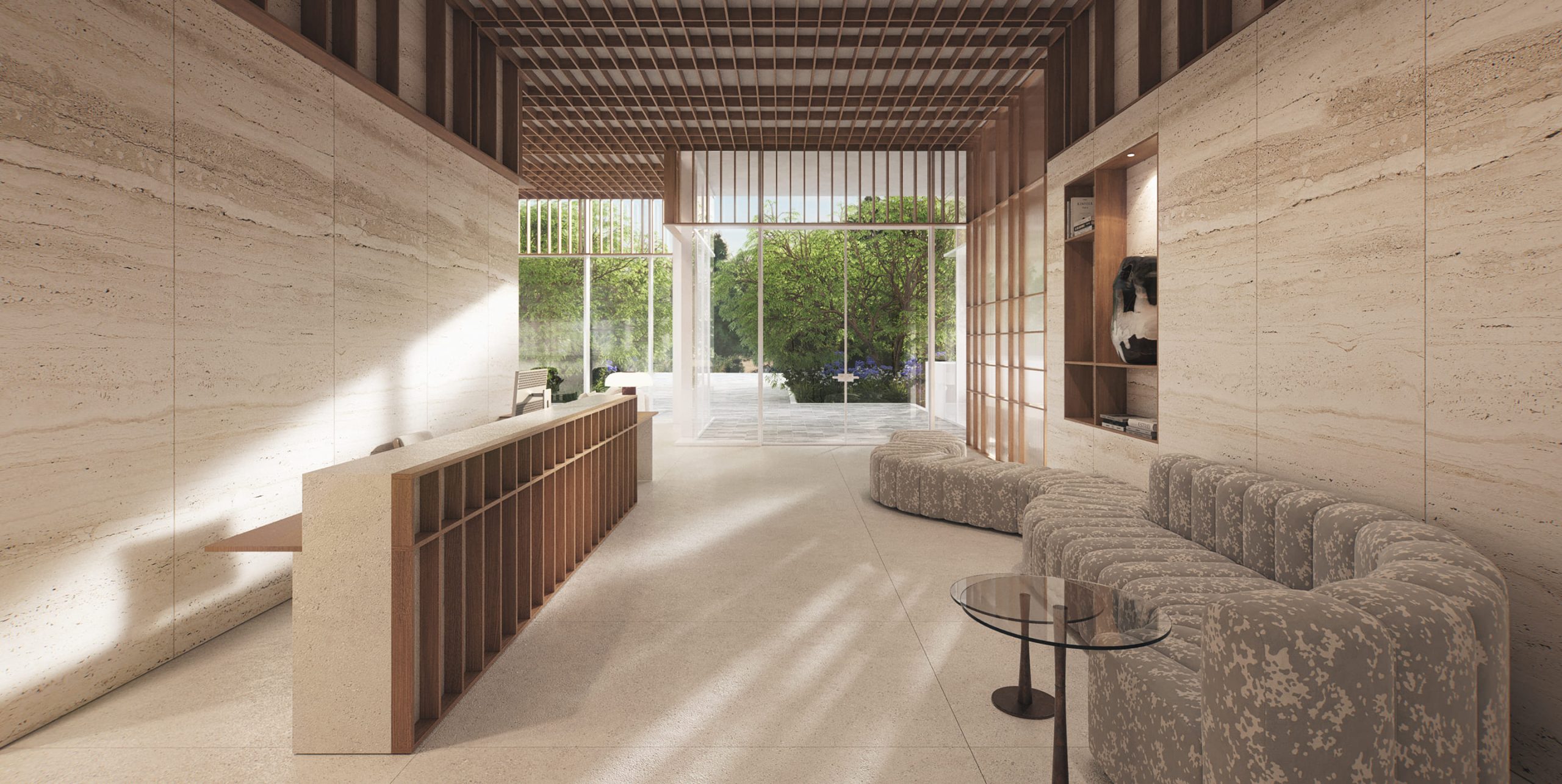 A rendering of the lobby with travertine walls and a view of the garden