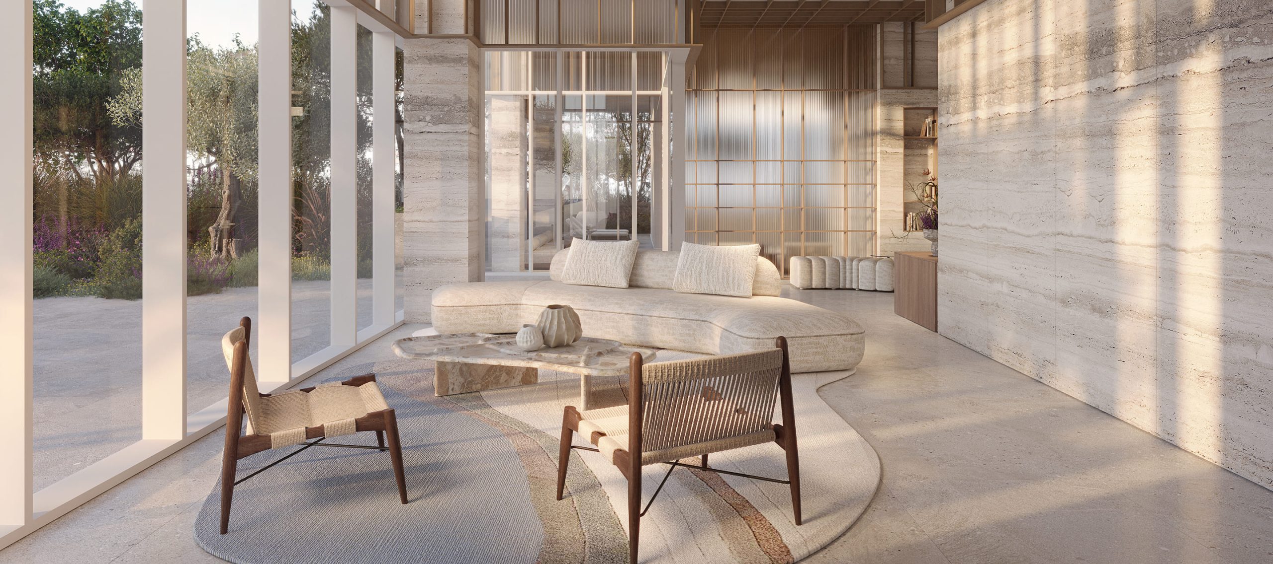 A rendering of a Sea House living room with floor-to-ceiling windows and travertine walls