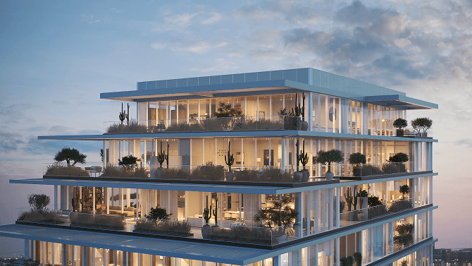 A rendering of a residential building at dusk with lit terraces