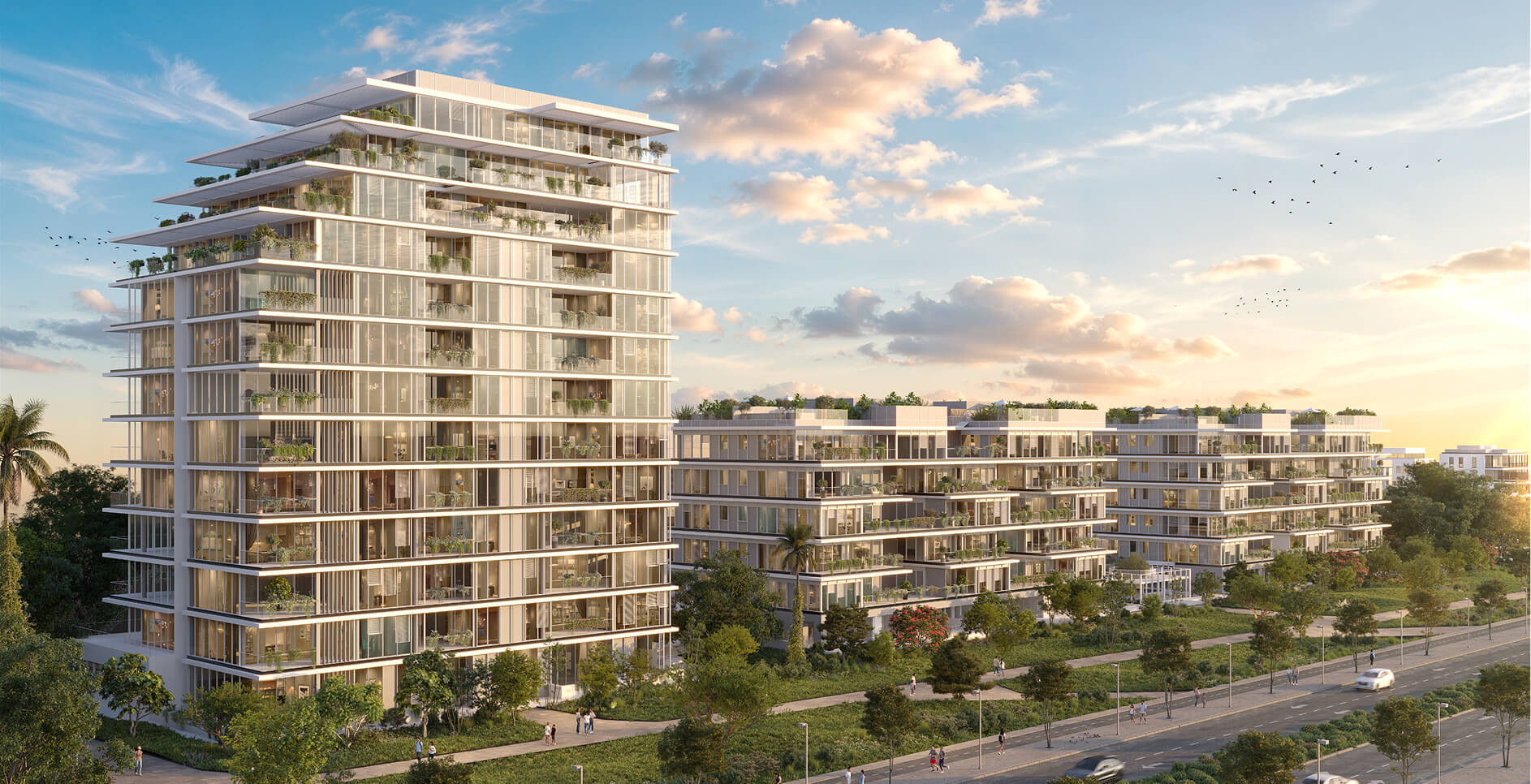 A rendering of the Pituach by the Sea complex — a tower and low-rise buildings along a tree-lined boulevard