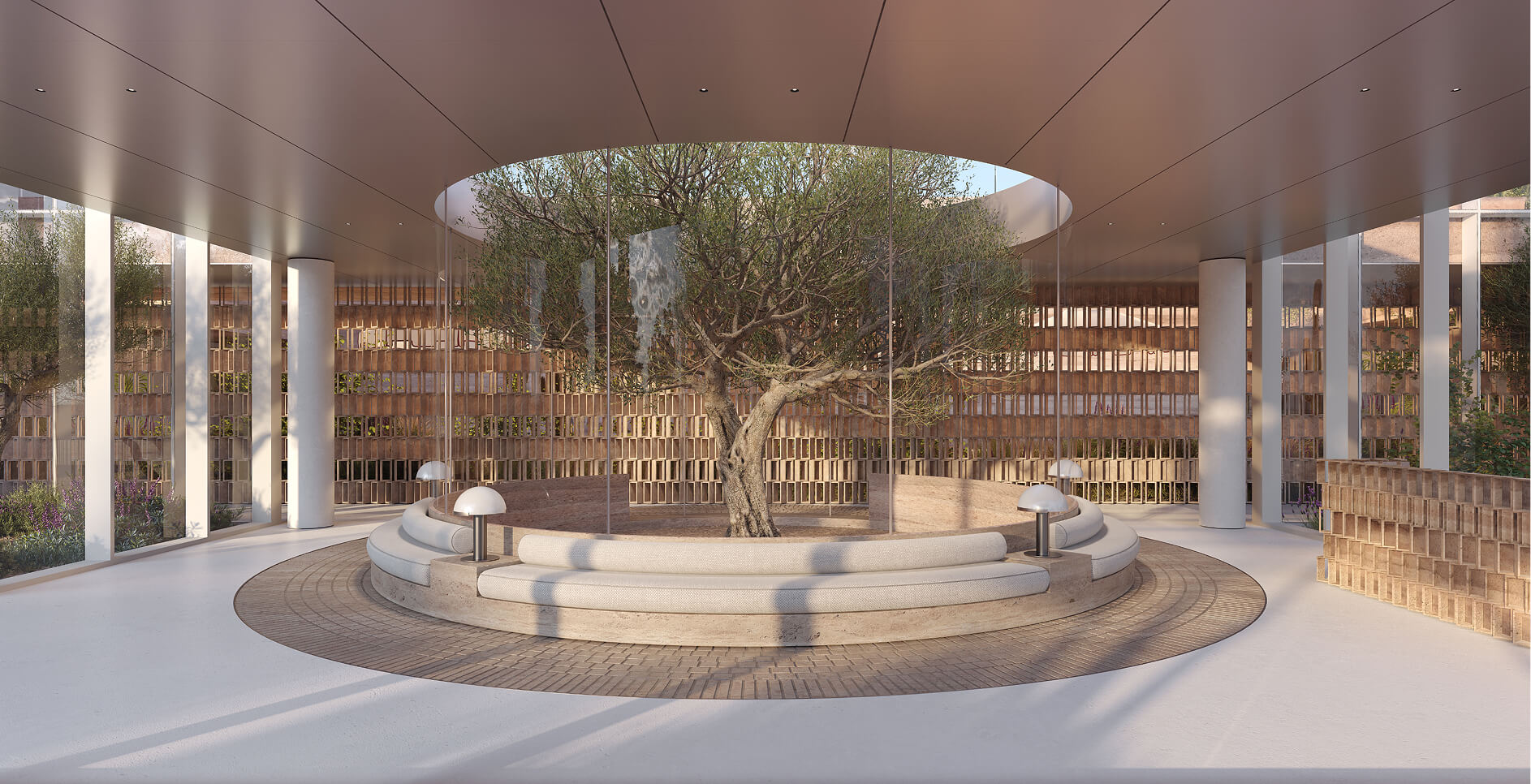 A rendering of the courtyard pavilion with an olive tree beneath a circular skylight