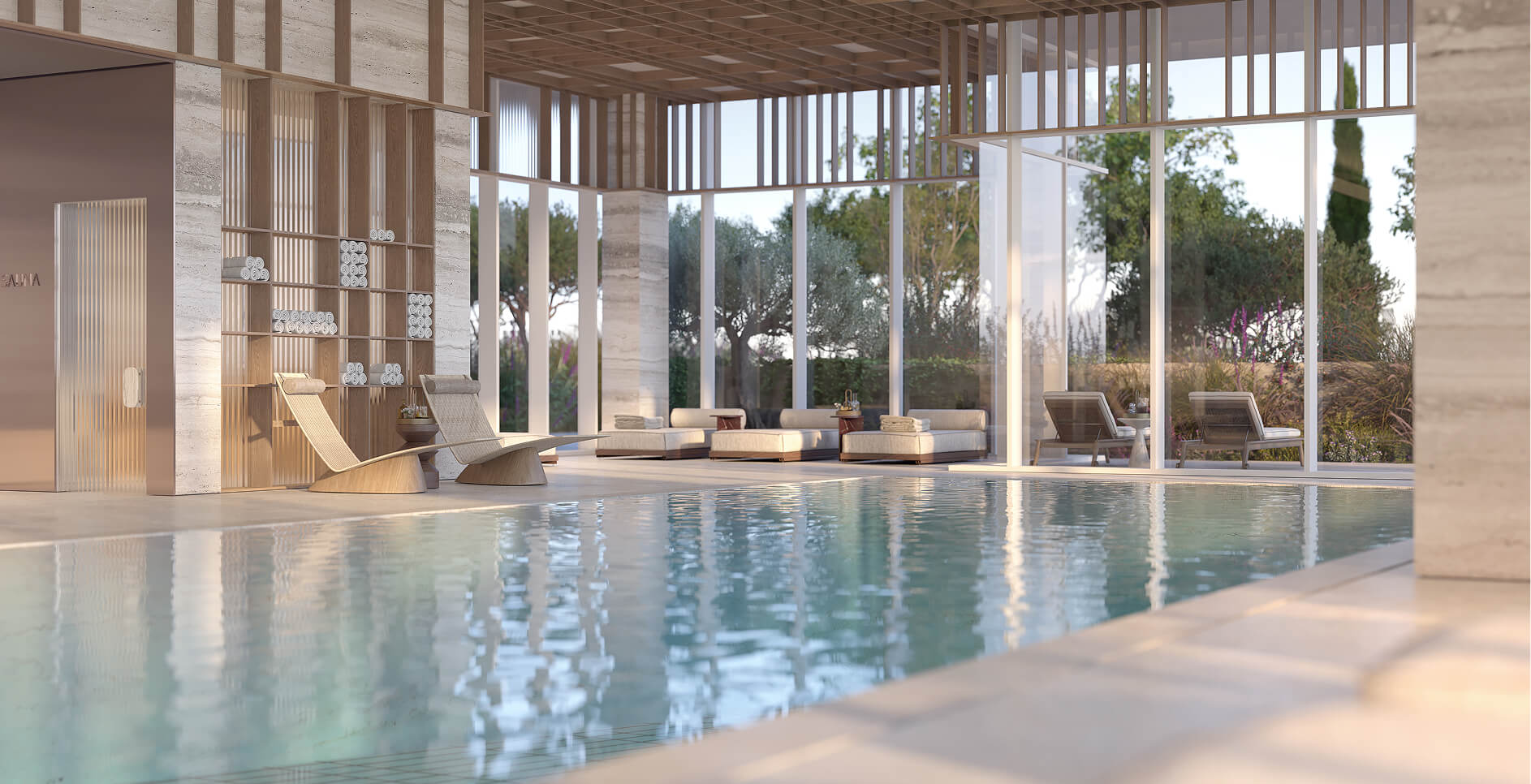 A rendering of the indoor pool with wooden slatted ceilings and lounge chairs